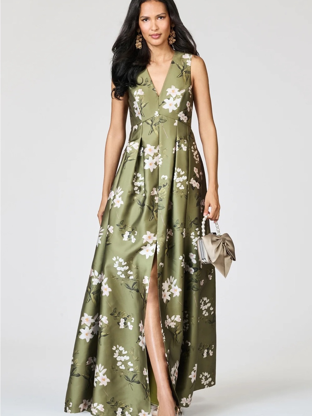 Sachin & Babi Sz 4 Moss Formosa Olive Green Floral V-Neck Maxi Dress Brooke Gown